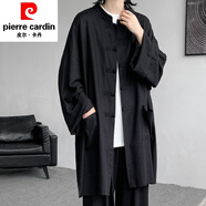 皮爾卡丹夏季長(cháng)款防曬外套漢服男裝長(cháng)衫居士服道袍長(cháng)袍亞麻禪意素衣套裝 黑色長(cháng)款亞麻道袍 M (約95至115斤可穿)