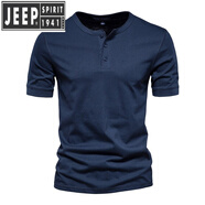 JEEP SPIRIT男裝新款t恤男休閑短袖純棉亨利領(lǐng)開襟男式純色打底衫夏 藏青色 L