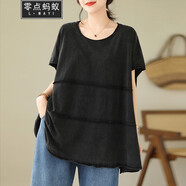 零點(diǎn)螞蟻200斤大碼女裝文藝氣質(zhì)不規則短袖中長(cháng)款t恤遮肚子顯瘦夏上衣寬松 黑色 均碼【150-220斤】