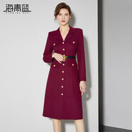 海青藍(lán)（CYANINE SEA）時(shí)尚高級(jí)感單排扣中長裙女2024秋冬新款法式通勤收腰顯瘦連衣裙 梅紅 L