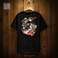 嘯都潮牌短袖國潮中國風重工鯉魚刺繡短袖T恤 男小眾國風潮男體恤半袖 黑色 XL 125-145斤