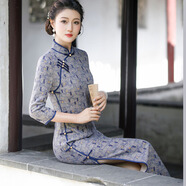 應否旗袍女年輕款中國風走秀時尚復古旗袍晚禮服日常格子旗袍裙長款 格子一新款 XL