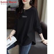LOVER RUCCI歐貨黑色中長(cháng)款長(cháng)袖t恤女2025秋冬寬松小眾設計圓領(lǐng)弧形打底衫ins 黑色到ORI字母到中間】 2XL