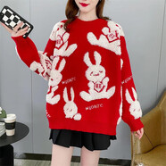 本命年女兔年大紅色毛衣女生秋冬天冬款新年卡通兔子針織衫外穿上衣 紅色旺 S_建議75-95斤