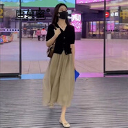 唐菓蜜連衣裙女夏季2024年新款女裝韓版時尚氣質(zhì)收腰顯瘦港風(fēng)復(fù)古裙子夏 黑色上衣+卡其色裙 M