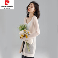 皮爾卡丹（pierre cardin）桑蠶絲針織開衫女中長款時尚夏季外搭空調(diào)衫薄款鏤空防嗮披肩外套 米白 2XL