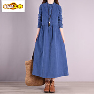 初徑燈芯絨連衣裙女秋冬款寬松顯瘦復古木耳花邊立領(lǐng)a字條絨長(cháng)裙 藍色 (少量現貨) XL 【建議125-145斤】