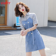 VIAFRR香港潮牌時(shí)尚輕熟風(fēng)減齡連衣裙女2022新款春夏韓版格子拼接牛仔連衣裙短袖修身顯瘦A字裙 圖片色 S