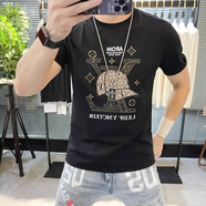 南極人夏季男士短袖T恤韓版修身老鷹亮片燙鉆歐貨潮牌體恤男半袖 D081黑色 D081黑色 S 建議75-90斤