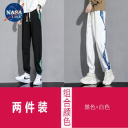NASALIKE潮牌褲子男春夏季大碼寬松休閑褲男運(yùn)動衛(wèi)褲男束腳加絨褲男秋冬季 黑色+白色(春夏款) 6XL (182-195cm 220-240斤)
