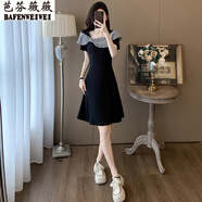 芭芬薇薇時(shí)尚減齡休閑連衣裙女夏季格子拼接法式氣質(zhì)短袖小個(gè)子黑色T恤裙 格子領(lǐng) XL