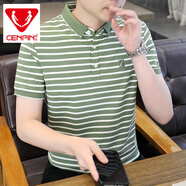 CENPIN時尚男裝條紋棉質短袖T恤男夏季半截袖翻領繡花T恤男士夏裝上衣 綠色 XL 180