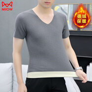 貓人（MiiOW）加絨加厚短袖t恤男士無(wú)痕冬季德絨保暖內(nèi)衣男半袖v領(lǐng)半截袖打底衫 506灰色 2XL 130到145斤
