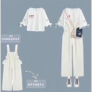 彌多紅2023新款單/套裝學(xué)生背帶褲女夏季寬松顯瘦韓版初中小學(xué)生連體褲 165白草莓((短))袖+杏色褲子 L 建議100-115斤!