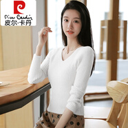 皮爾卡丹（pierre cardin）套頭v領(lǐng)內(nèi)搭打底衫短款顯瘦毛衣女秋冬小個子上衣加厚修身高腰 白色 M 建議91-102斤穿