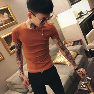 @嘉曄社會(huì )精神小伙圓領(lǐng)純色短袖t恤男小個(gè)子男生緊身體恤新款凈面白色T恤百搭純色打底衫W 焦糖色 M