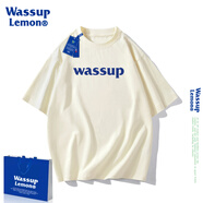 WASSUP LEMON短袖t恤男純棉2023新款wassup國潮落肩寬松情侶裝簡約印花上衣 奶白3049 L    130-150斤