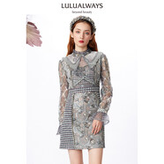 LULUALWAYS冬季新款拼接繡花網(wǎng)紗提花小香風(fēng)連衣裙 綠色 S