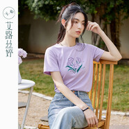 艾路絲婷繡花短袖t恤女2024年夏季新款休閑寬松上衣正肩遮肉顯瘦55282 紫色 M