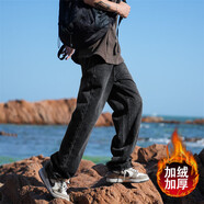 頂峰保羅（Dingfengbaoluo）水洗復(fù)古牛仔褲男士秋季保暖加絨加厚寬松休閑長(zhǎng)褲子74煙黑2XL