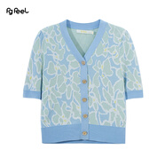 普普風(fēng)2024年夏季女裝新品時(shí)髦提花V領(lǐng)套頭毛衫針織衫短袖女PB2M21132S 淺藍 S