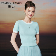 糖力【商場(chǎng)同款】夏新款減齡小清新撞色短袖套頭針織衫上衣女 藍色 常規 S