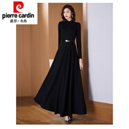 皮爾卡丹（pierre cardin）春秋長袖連衣裙女長款到腳踝2025年新款氣質(zhì)顯瘦黑色超長大擺裙子 黑色 XL