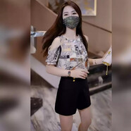 憶靈碎花雪紡衫女夏裝2025新款夏季時(shí)尚洋氣露肩上衣氣質(zhì)百搭短袖小衫 黃色花+黑短褲 XL【115-125斤】
