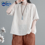 NASALIKE文藝復(fù)古短袖女刺繡棉麻圓領(lǐng)夏季新款寬松休閑T恤套頭上衣女 原麻色 M 建議80-105斤
