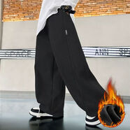 愛(ài) 西娜男童褲子2024新款大兒童秋裝加絨加厚一體絨秋季衛褲痞帥潮 黑色 2 1