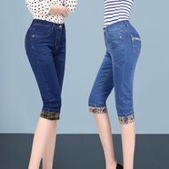 2025夏薄款七分牛仔褲女高腰彈力七分褲直筒中年中褲 C0#寶藍 31腰2尺4#129-138斤穿