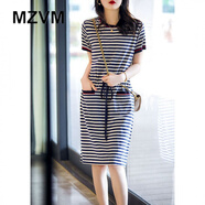 MZVM 香港潮牌輕奢女裝歐洲站2022夏季韓版休閑a字裙子中長款短袖收腰顯瘦條紋連衣裙女夏 圖片色 L 【建議105-115斤】