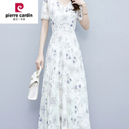 皮爾卡丹（pierre cardin）法式高級感雪紡連衣裙女2024新款夏裝過膝碎花長裙a字大擺裙 藍灰花 5XL 155-165斤