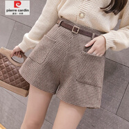 皮爾卡丹（pierre cardin）毛呢格子褲子女秋冬季新款高腰短褲外穿顯瘦百搭靴褲加厚潮 卡其格(送腰帶) 2XL 建議130-140斤