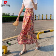 皮爾卡丹（pierre cardin）傣族裙子女西雙版納民族風印花開叉裹裙海邊度假一片式綁帶半身裙 紫紅唐草紋 均碼 系帶腰圍可調節(jié)