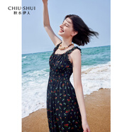 秋水伊人甜美碎花系帶裙夏季新款女收腰顯瘦A字大裙擺連衣裙 花料 L