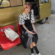 蘭威費雷裙子女春季新款韓版學生復古長袖中長款連衣裙過膝小黑裙 135假二件連衣裙黑色 M (100-110斤)