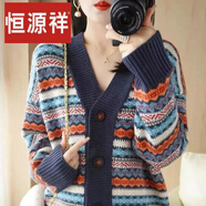恒源祥2023新款羊絨開衫秋冬提花羊毛衫女針織毛衣外套拼色條紋外套 藏青色 4XL 【150斤以上】