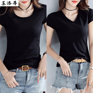 蘇洛尋短袖T恤女2025新款修身春夏新款純色內(nèi)搭顯瘦網(wǎng)紅ins潮緊身洋氣  圓領黑色+V黑色【兩件裝】 XL 建議105-115斤