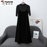啄木鳥（TUCANO）絲絨連衣裙春秋新款金絲絨打底裙寬松背心裙吊帶氣質(zhì)無袖A版長裙 黑色+黑色短袖 L 95斤-110斤