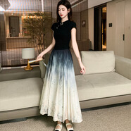 魅菲梵新中式國風(fēng)復古時(shí)尚氣質(zhì)減齡蝴蝶扣短袖水墨畫(huà)百褶馬面連衣裙套裝 圖片色兩件套 S