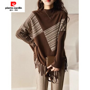 皮爾卡丹（pierre cardin）慵懶風(fēng)不規則流蘇拼接毛衣女士秋冬蝙蝠袖打底衫寬松顯瘦針織上衣 咖色 M 建議85-100斤