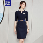 羅蒙（ROMON）工作服女夏連衣裙高貴優(yōu)雅氣質(zhì)高端包臀售樓部工裝女五分袖職業(yè)裙 藏青色款五分袖 藍(lán)色腰帶 L 103-113斤
