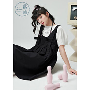 紫涵甜美撞色連衣裙套裝女夏可收腰背帶裙套裝休閑校園 黑色 S