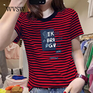 WVSW歐洲站棉條紋短袖t恤女2023夏季新款圓領(lǐng)寬松洋氣字母半袖上衣 紅藍(lán)條紋 S80-100斤