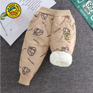 G.DUCKKIDS小黃鴨男童加絨褲子新款寶寶加厚棉褲兒童保暖夾棉長褲一條過冬季 卡其色滿印亮燈三層加厚棉褲 100 cm 建議身高90cm左右