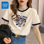 真維斯（JEANSWEST）t恤女夏季裝新款純棉短袖上衣服女裝寬松撞色休閑慵懶風(fēng)正肩半袖 米藏青 兔子三連拍 M