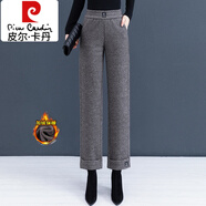 皮爾卡丹（pierre cardin）毛呢褲媽媽九分直筒褲羊毛呢加厚卷邊闊腿褲秋冬配短靴褲子煙管褲 人字紋灰咖色款 2189 加絨 26 S碼