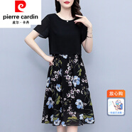 皮爾卡丹（pierre cardin）女裝2022夏天新款闊太太中年年輕女士洋氣假兩件裝雪紡碎花連 0850款 2XL【128-142斤】