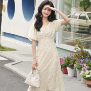 伊芙麗（eifini）伊芙麗法式優(yōu)雅網(wǎng)紗繡收腰仙女碎花連衣裙2023夏裝泡泡袖公主裙 淺綠 155/80A/S